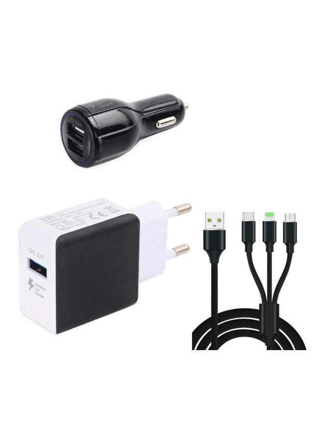 3-In 1 Data Sync Charging Cable With Quick Car Charger Black/White - Image 1
