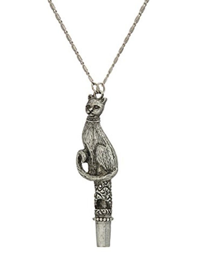 1928 Jewelry Brass Antiqued Pewter Tone Cat Whistle Pendant Necklace