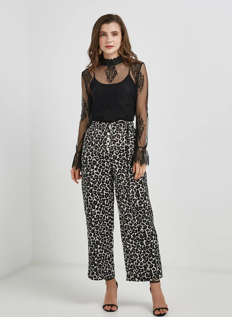 LOST INK Leopard Print Pants Black/Beige