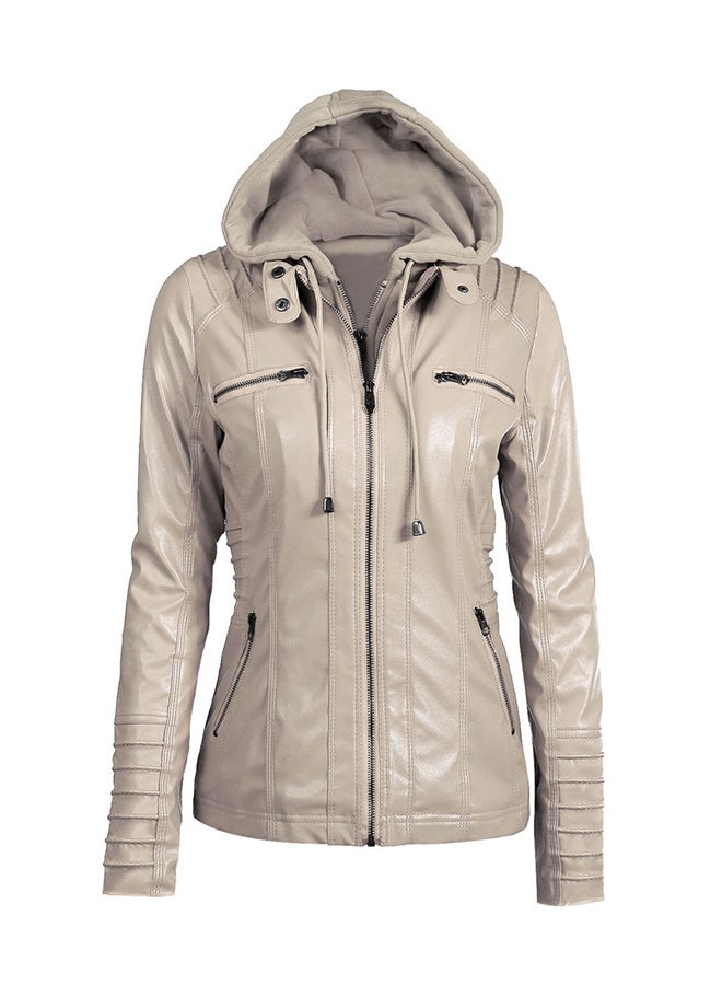 Faux Leather Zippered Hoodie Beige