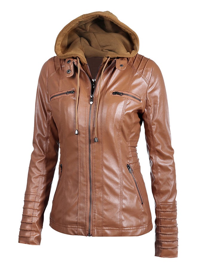 Generic - Faux Leather Zippered Hoodie Brown - Image 1