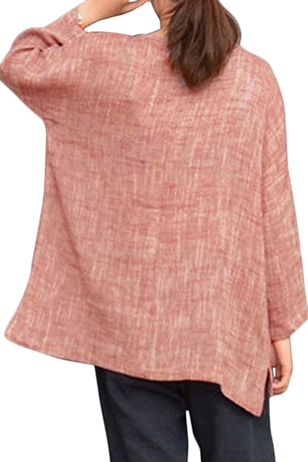 Vintage Blouse Semi Sheer High Low Irregular Hem Split Round Neck Long Sleeve Tops Pink - Image 1