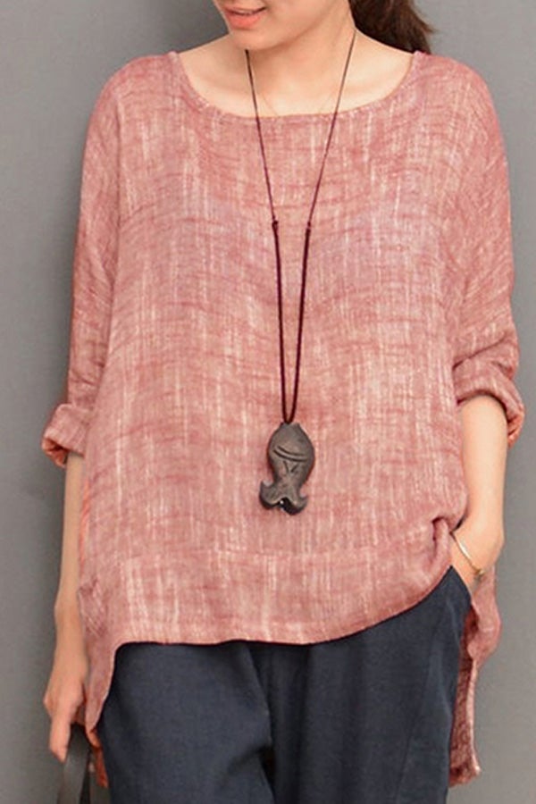 Vintage Blouse Semi Sheer High Low Irregular Hem Split Round Neck Long Sleeve Tops Pink - Image 2