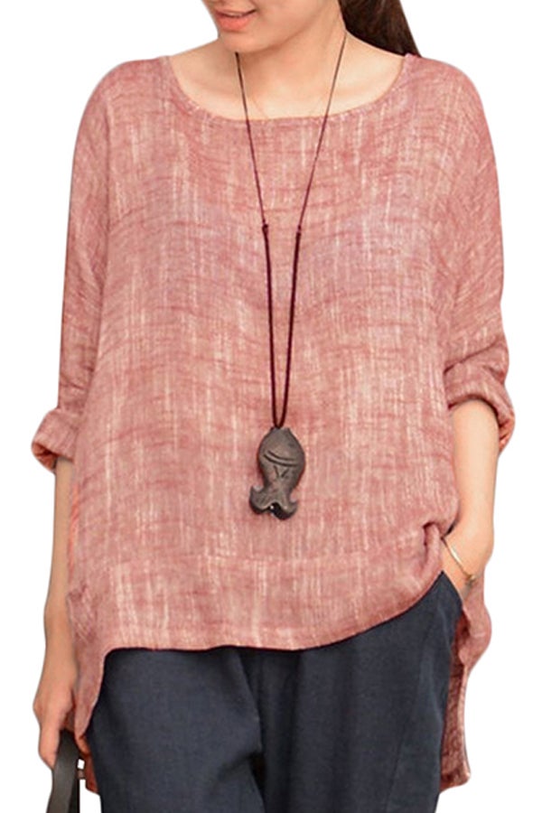 Vintage Blouse Semi Sheer High Low Irregular Hem Split Round Neck Long Sleeve Tops Pink - Image 4