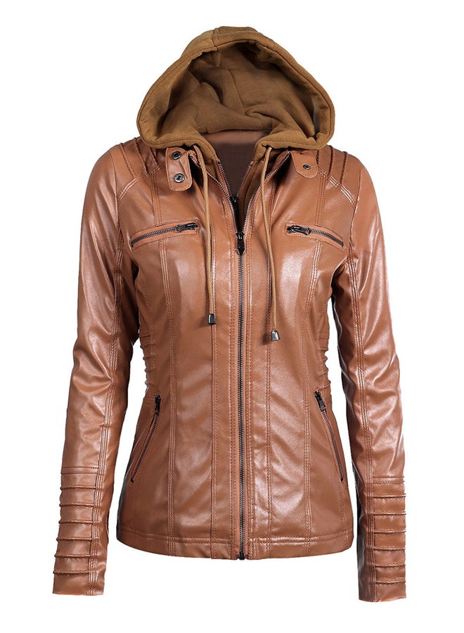 Generic - Faux Leather Zippered Hoodie Brown - Image 1