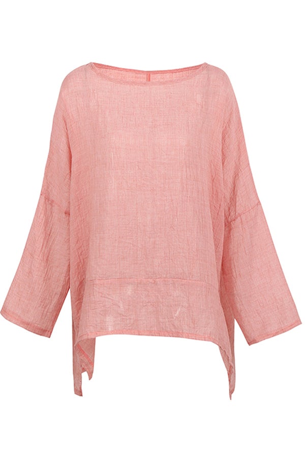 Vintage Blouse Semi Sheer High Low Irregular Hem Split Round Neck Long Sleeve Tops Pink - Image 3