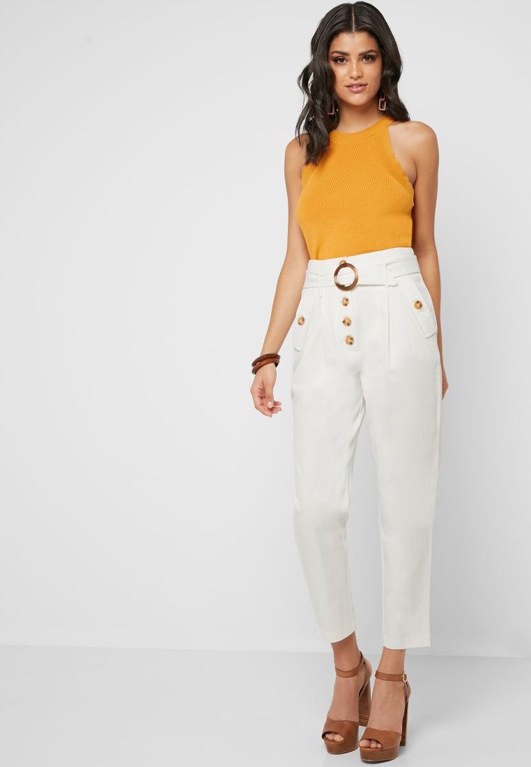 LOST INK Button Detail Belted Pants White  - Image 1
