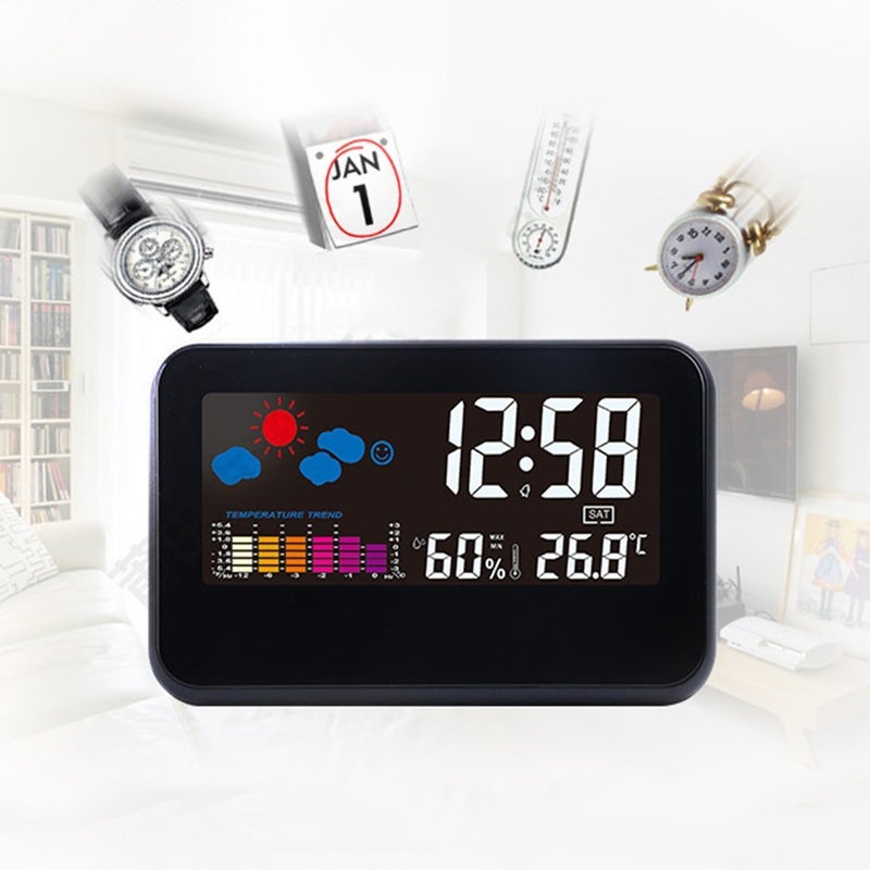 Digital Weather Thermometer With Alarm Clock Black 14.6x5.6x1.1centimeter