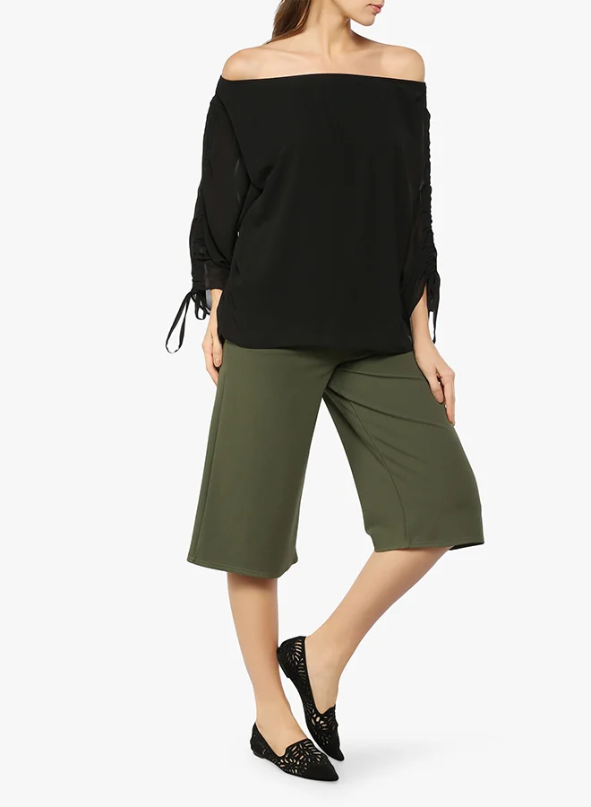 Stock Bardot Ruched Sleeve Top Black