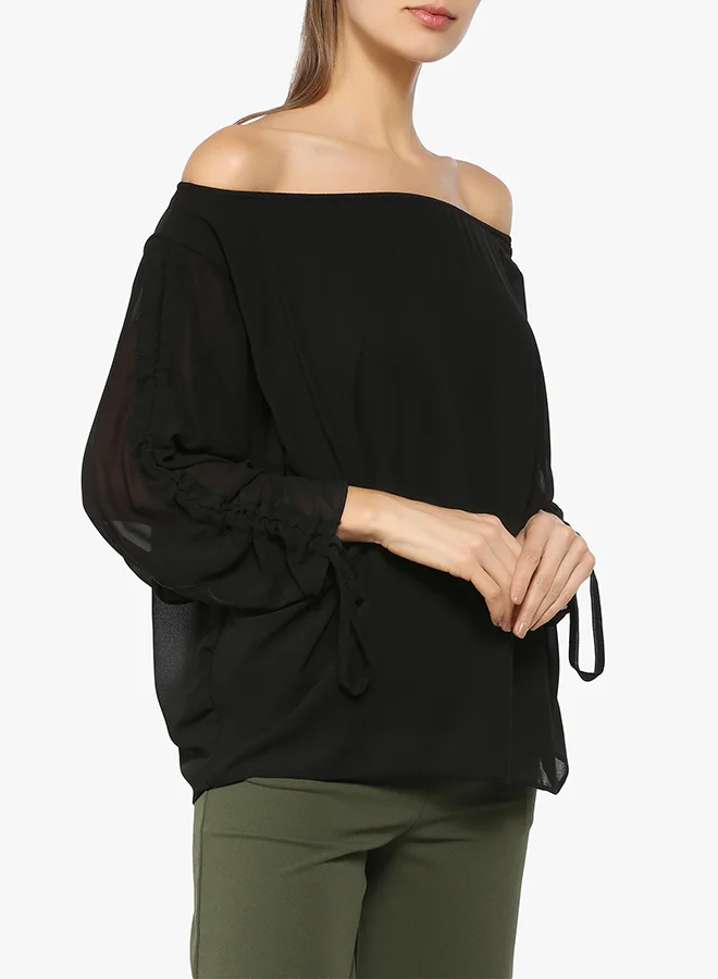 Stock Bardot Ruched Sleeve Top Black