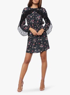 Floral Pint Lace Detail Skater Dress Multicolour