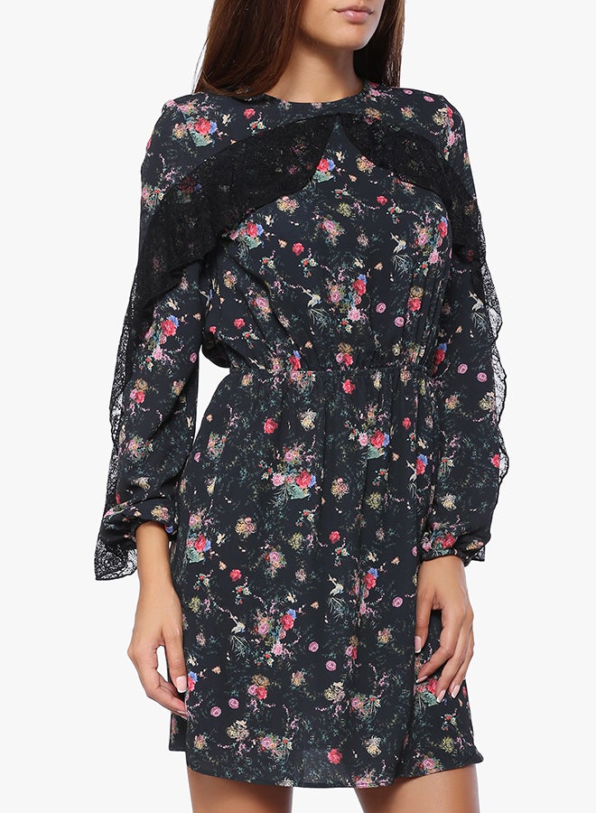 Stock - Floral Pint Lace Detail Skater Dress Multicolour - Image 1