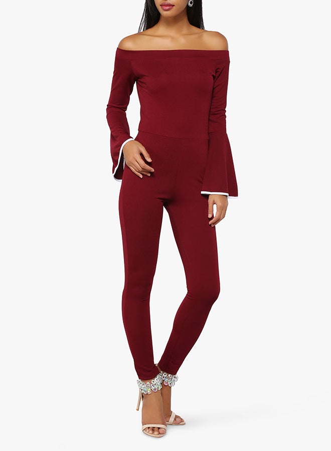 Stock - Bell Sleeve Bardot Jumpsuit Burgundy - Image 1
