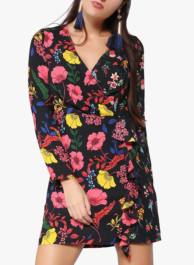 Stock Collar Neck Floral Printed Dress Black  - Image 1