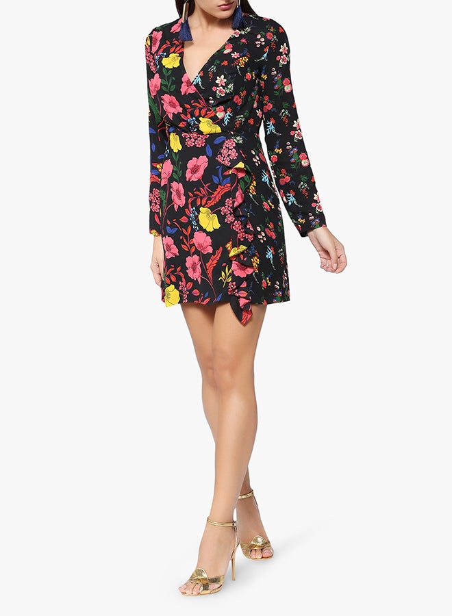 Stock Collar Neck Floral Printed Dress Black  - Image 3