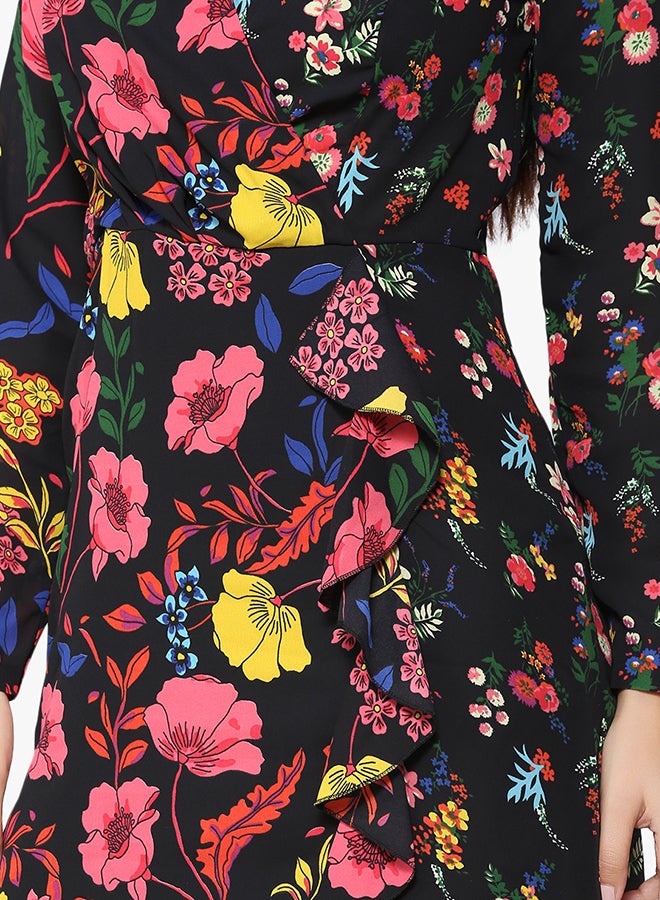 Stock Collar Neck Floral Printed Dress Black  - Image 4