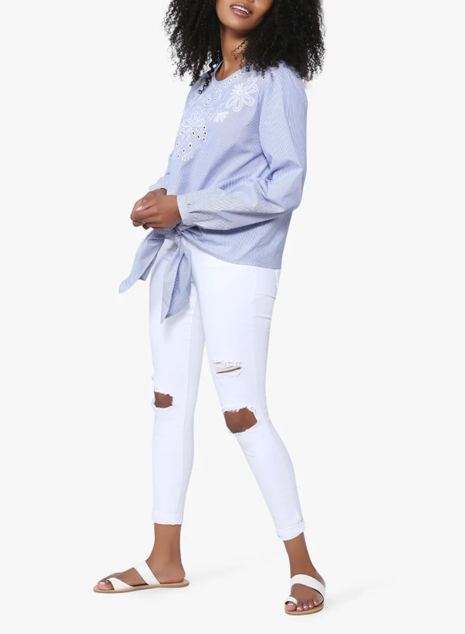High Streets Laser Embroided Front Tie Top Blue