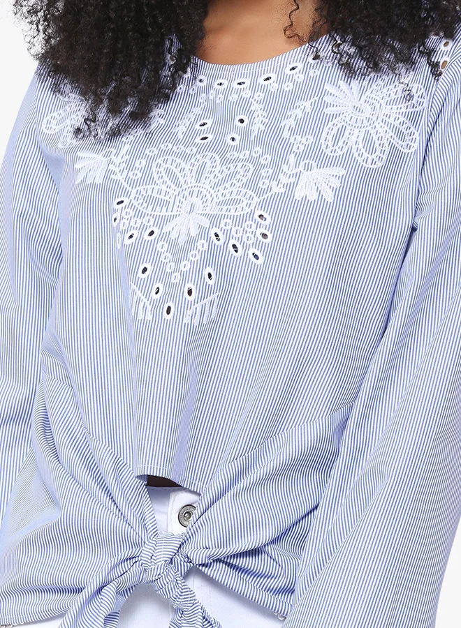 High Streets Laser Embroided Front Tie Top Blue