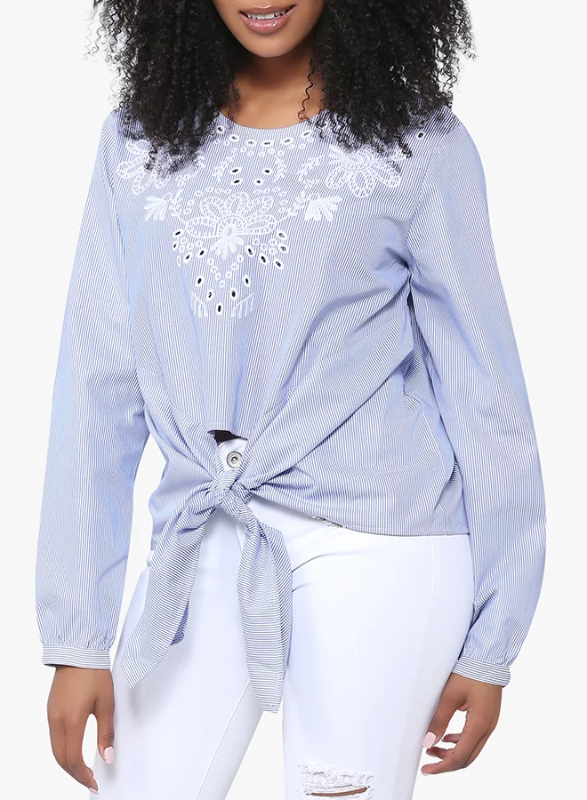 High Streets Laser Embroided Front Tie Top Blue
