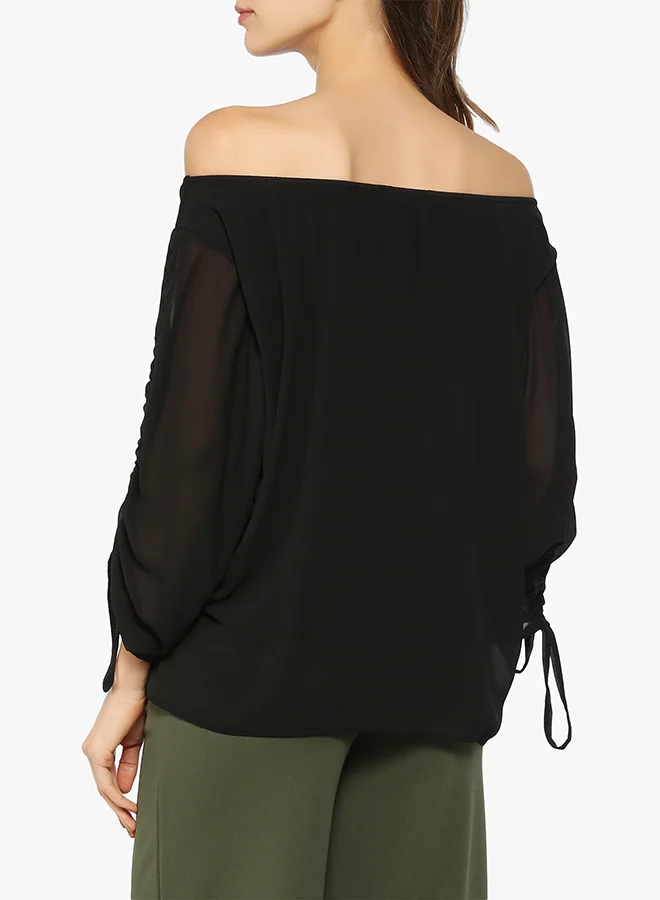 Stock Bardot Ruched Sleeve Top Black