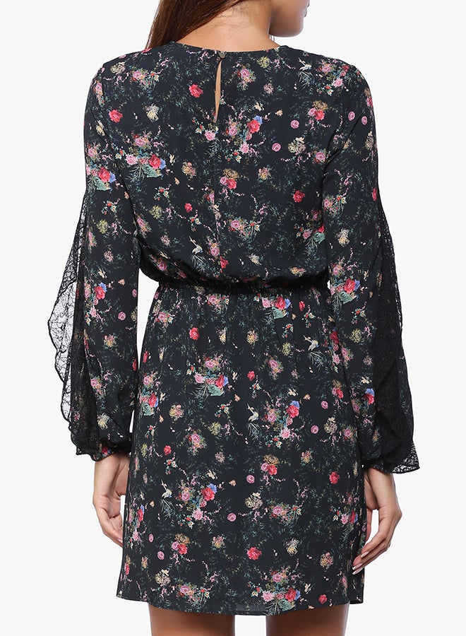 Stock - Floral Pint Lace Detail Skater Dress Multicolour - Image 1