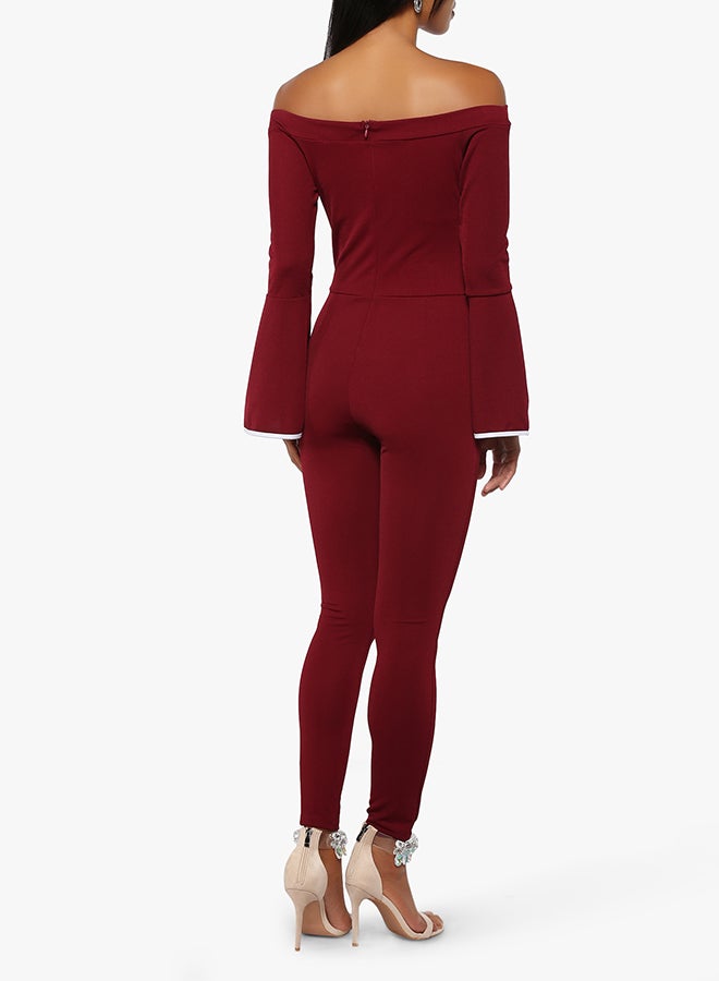 Stock - Bell Sleeve Bardot Jumpsuit Burgundy - Image 1