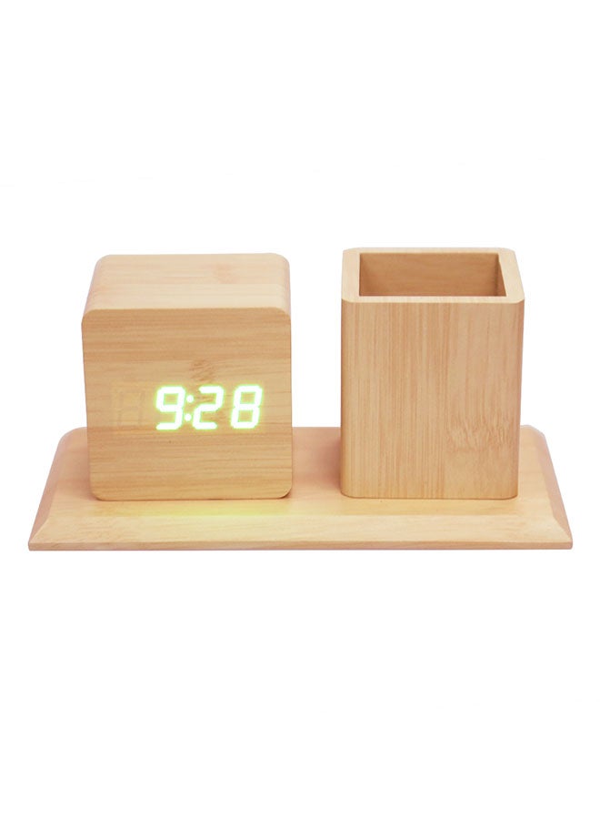 Voice-Activated Wooden Alarm Clock With Pen Container Beige Wood One Size 