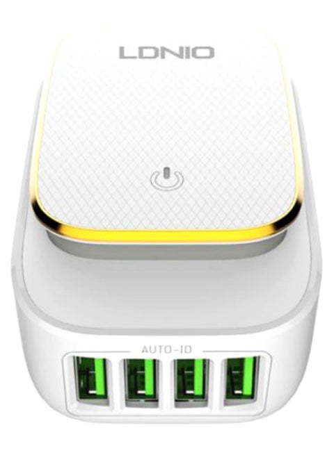 محول شحن A4405 بـ4 منافذ USB وكابل Type-C مزود بمصباح LED ويعمل باللمس أبيض