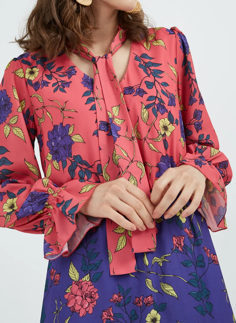 ستوك Floral Tie-Neck Dress أرجواني