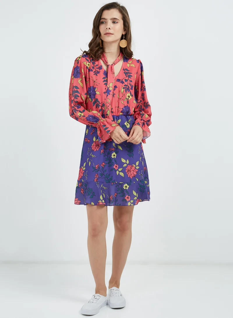 ستوك Floral Tie-Neck Dress أرجواني