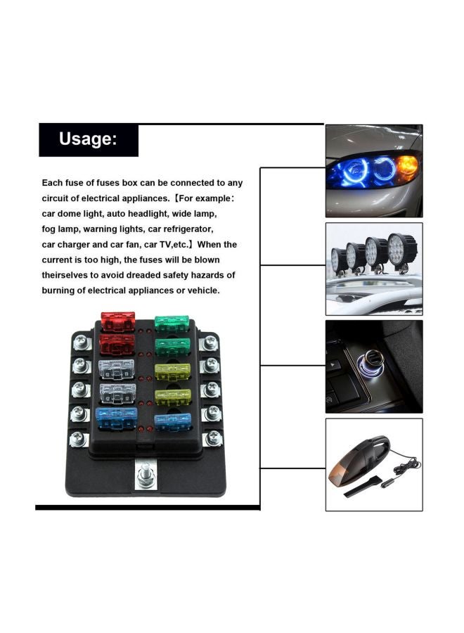 10 Way Blade Fuse Box Holder Black/Silver