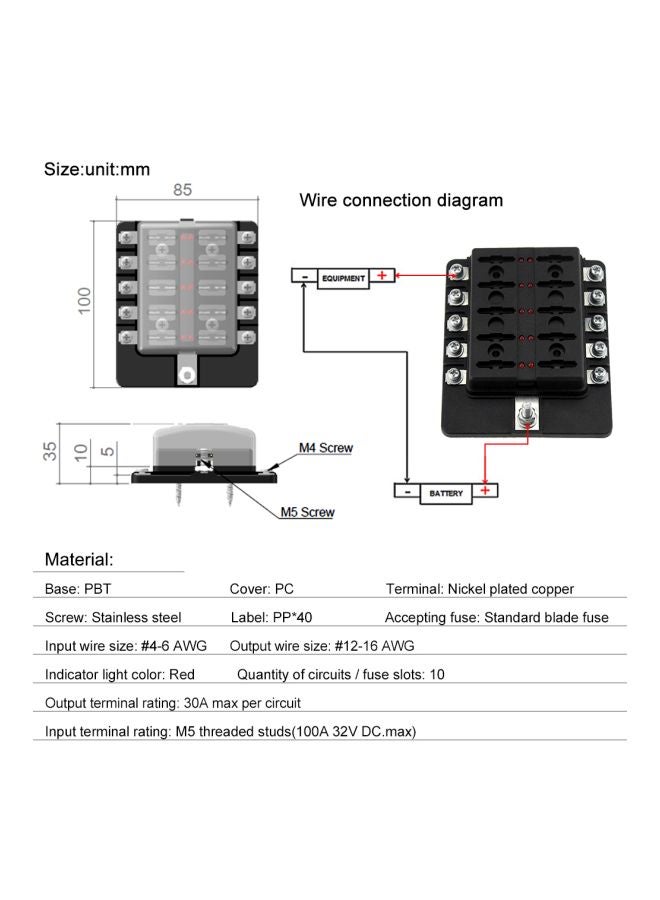 10 Way Blade Fuse Box Holder Black/Silver