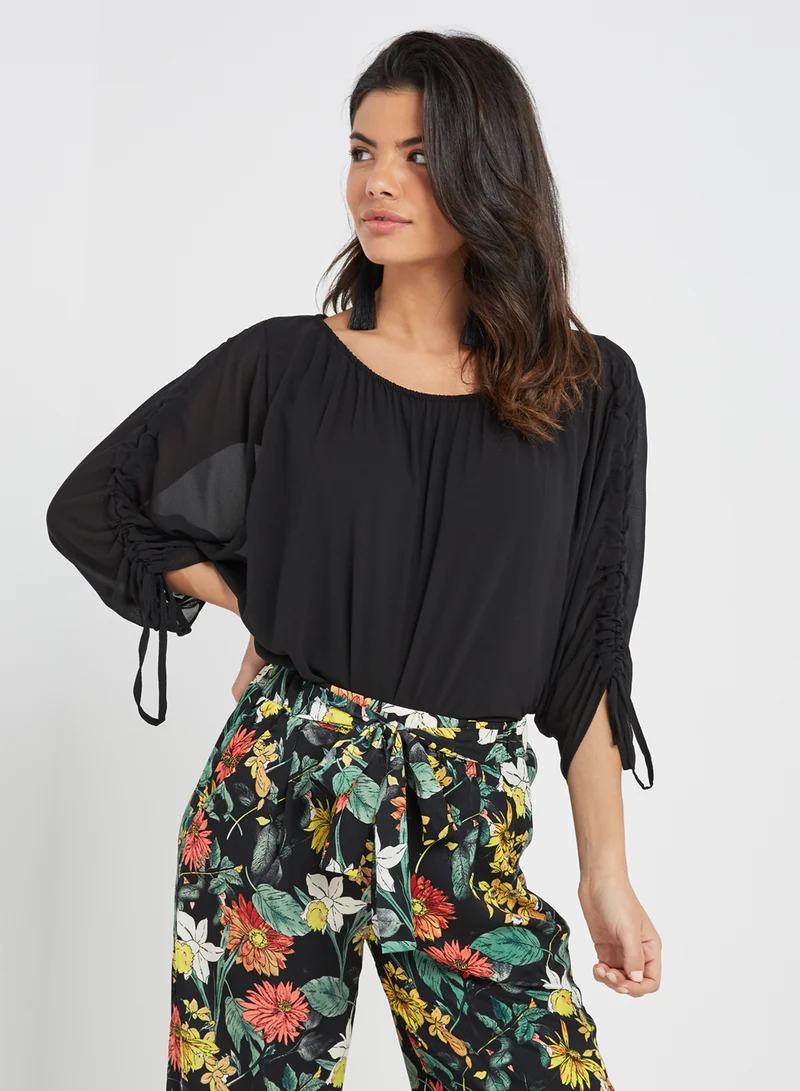 Stock Bardot Ruched Sleeve Top Black