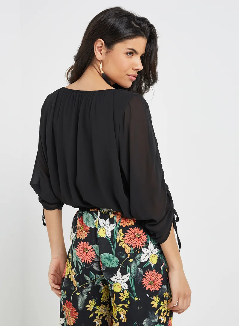 Stock Bardot Ruched Sleeve Top Black