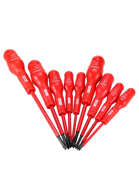 9-Piece Multi-Functional Insulated Screwdrivers Set With Magnetic Slotted And Phillips Bits Red
