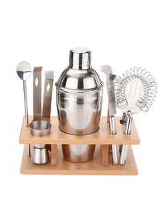 Generic 9-Piece Cocktail Shaker Set With Stand Silver/Brown 350ml  - Image 1