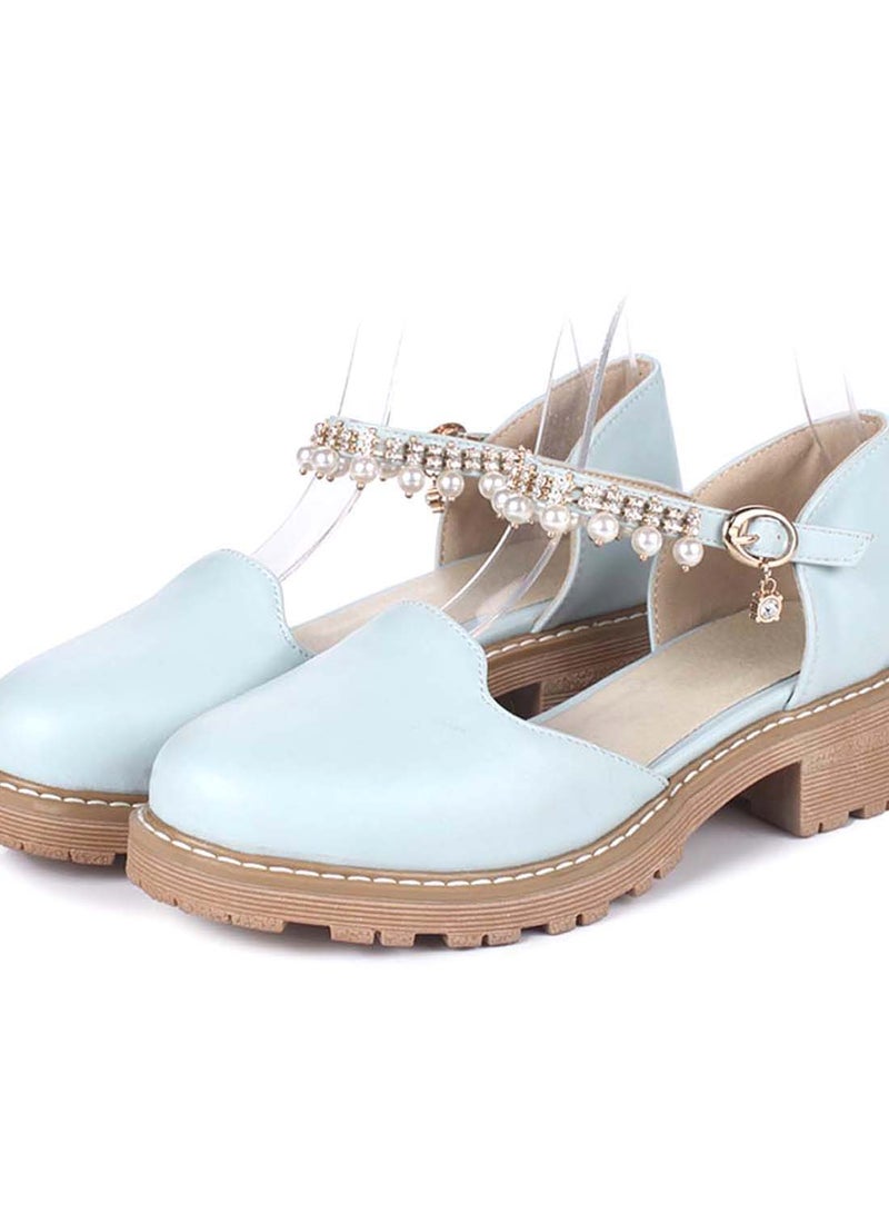 Buckle Mid Block Heel Casual Sandals Blue