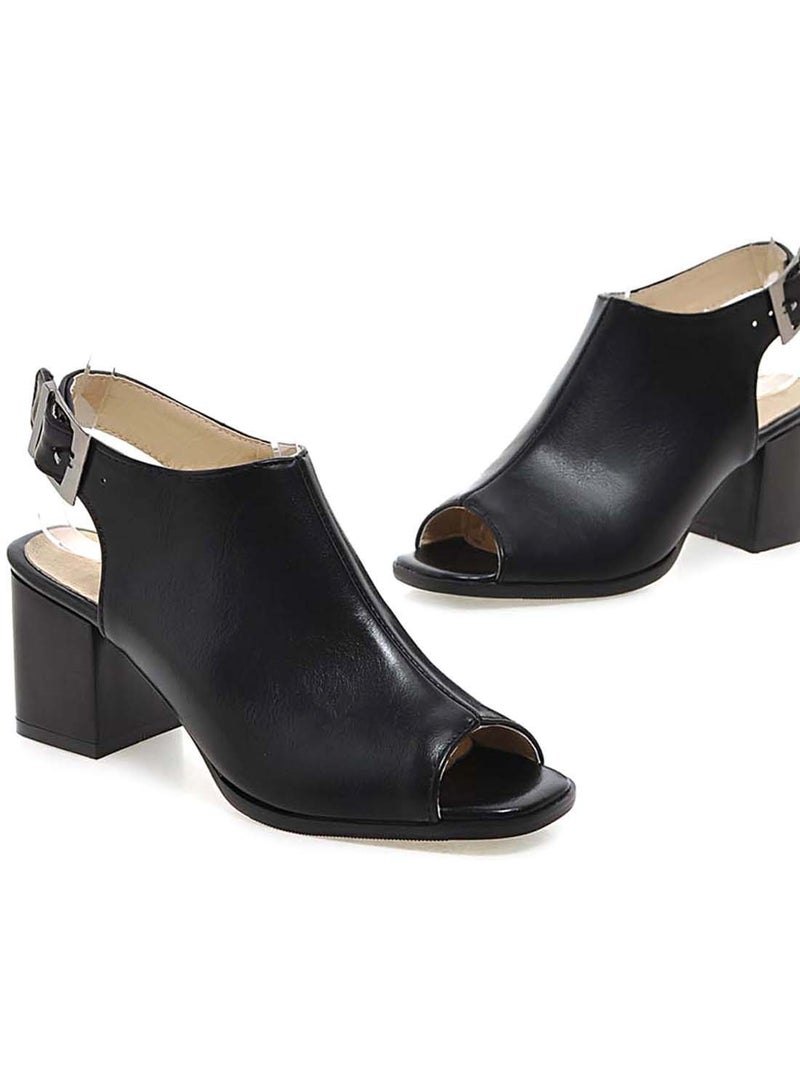 JIAERSITONG - Buckle Mid Stacked Heel Ankle Strap Pumps Black - Image 1