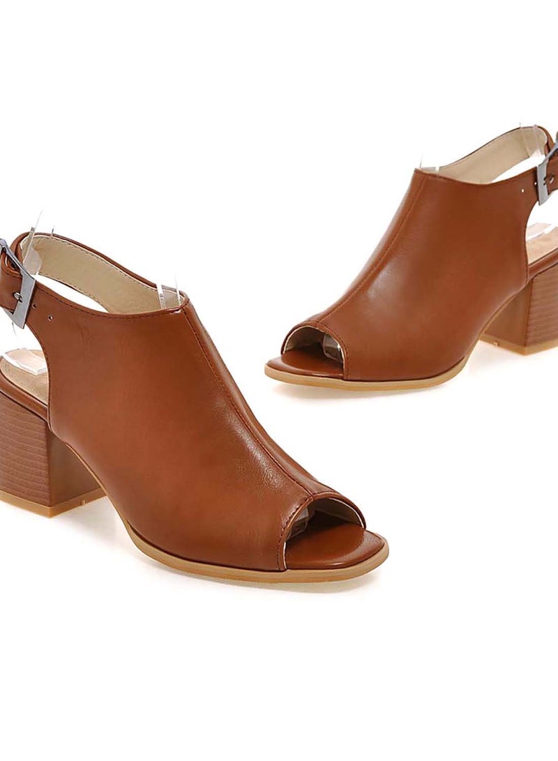 JIAERSITONG Buckle Mid Stacked Heel Ankle Strap Pumps Brown  - Image 2