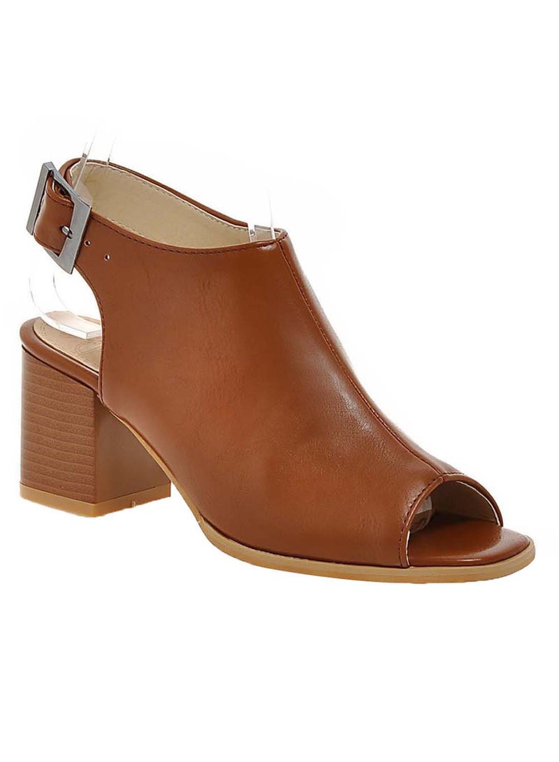 JIAERSITONG Buckle Mid Stacked Heel Ankle Strap Pumps Brown  - Image 1