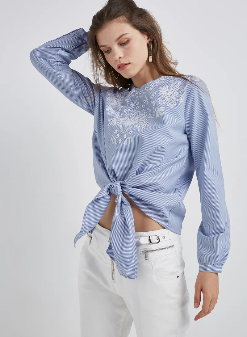 High Streets Laser Embroided Front Tie Top Blue