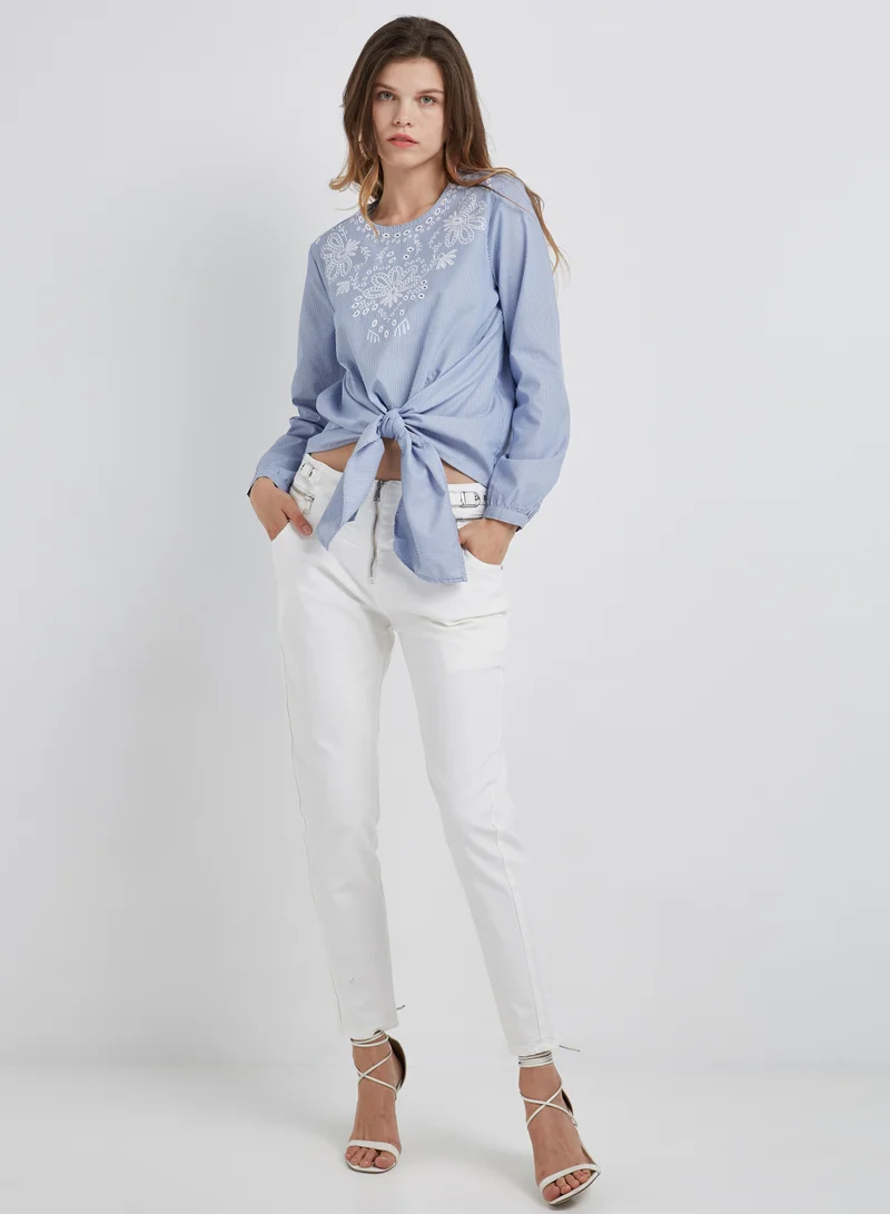 High Streets Laser Embroided Front Tie Top Blue