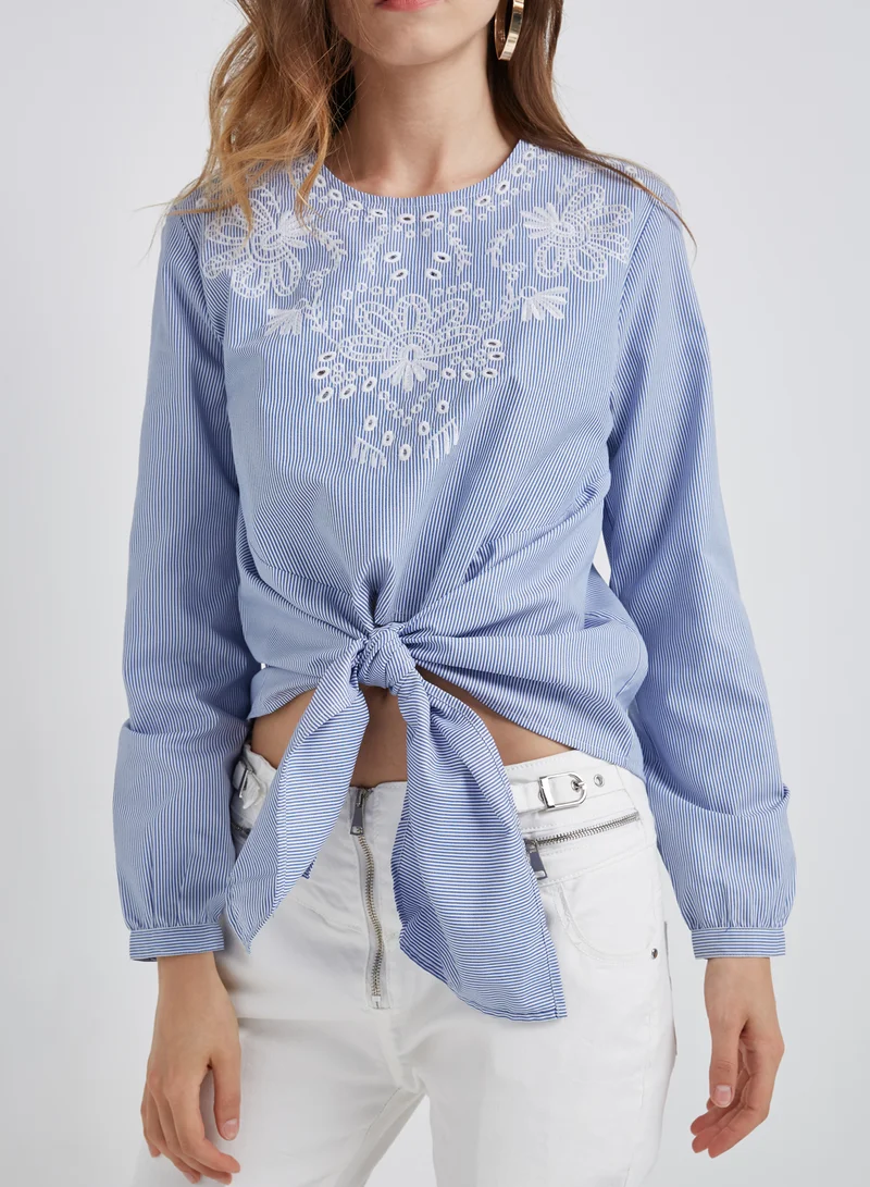High Streets Laser Embroided Front Tie Top Blue