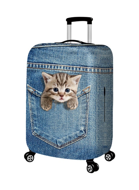 Printed Denim Blue Pocket Cat Luggage Cover Denim Blue