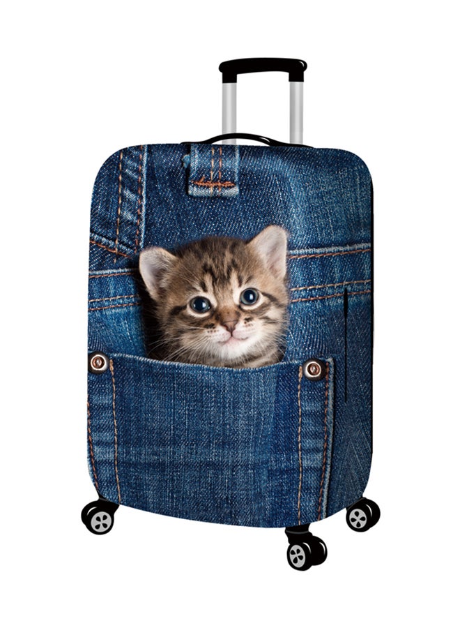 Printed Denim Blue Pocket Cat Luggage Cover Denim Blue