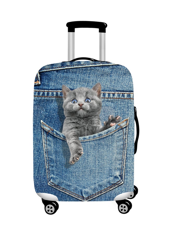 Printed Denim Blue Pocket Cat Luggage Cover Denim Blue