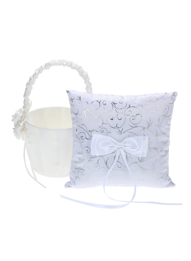 Satin Ring Bearer Pillow And Flower Basket Set White  - Image 1