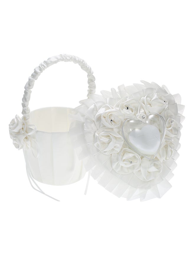 Satin Ring Bearer Pillow And Flower Basket Set White  - Image 1