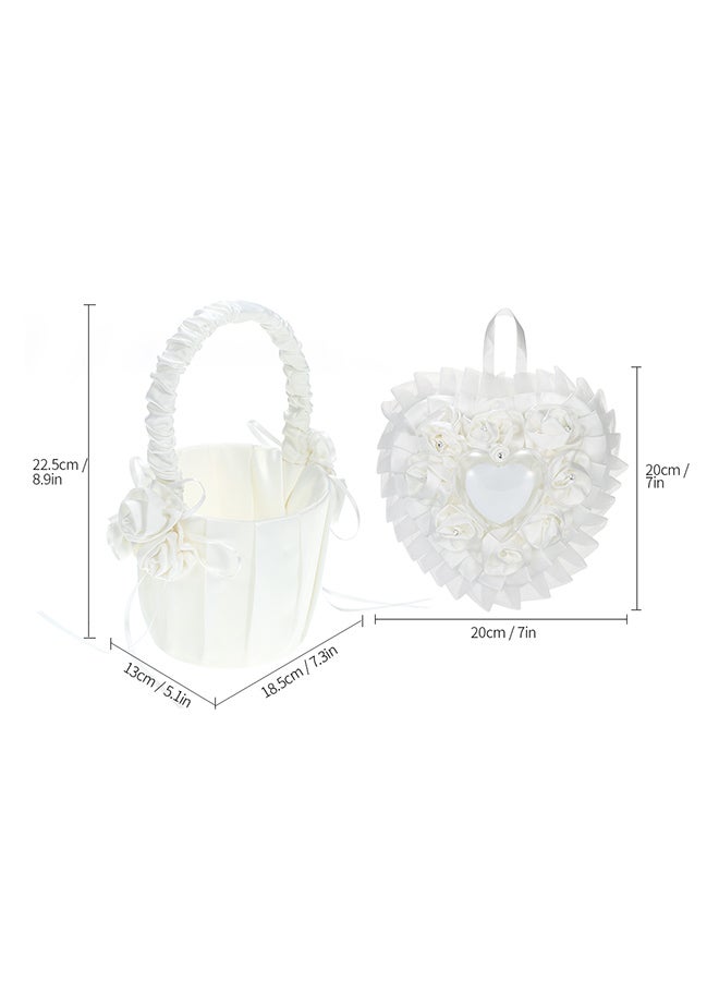 Satin Ring Bearer Pillow And Flower Basket Set White  - Image 2