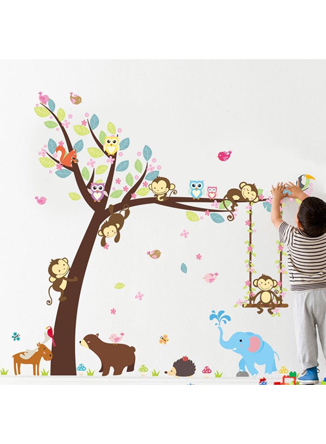 بلولانز ملصق جداري بتصميم رسومات كرتونية لطيفة لقرد يتأرجح وبومة ودب وعصافير متعدد الألوان 116 x 104سم - Image 2